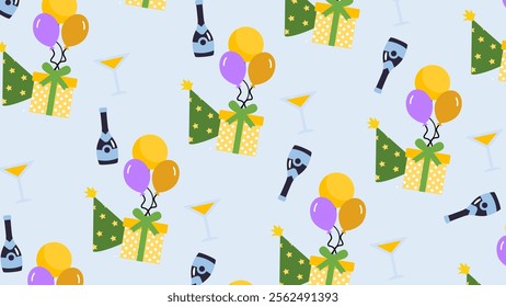 Birthday Party Elements pattern background. Birthday Party Elements illustration pattern. Birthday Party Elements background. Perfect for fabrics, print, textile, wallpaper, and decor. SSTKbackgrounds