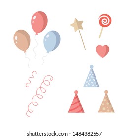 Birthday party elements set. Сonfetti, balloons, gifts, ribbons.