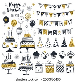 Birthday Party Elements, Set Of Cake, Flags, Cupcakes, Balloons, Gift Boxes, Garlands, And Hats. Perfect For Greeting Card Design. Hand Drawn Scandinavian Style, Black, Gold, And White Vector.