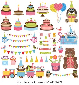 Birthday party elements set with cake, sweets and toys