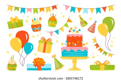 Birthday party elements set. Colorful balloons, flat celebration food and candy. Cartoon present cake, candle, gift box, cupcake. Party design elements, balloons and sweets, dessert. Isolated vector