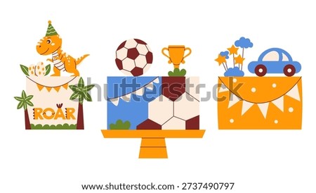 Birthday party elements set with cute cakes with Tyrannosaurus dinosaur, soccer ball with trophy, blue car. Modern retro flat vector minimalist illustration for boys celebration, invitation, poster