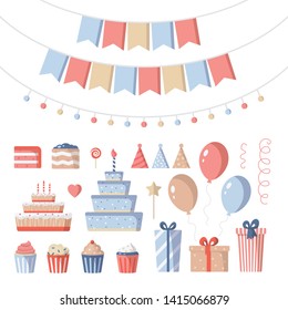 Birthday party elements set. Flags, confetti, balloons, gifts, cupcakes, candles, ribbons and bows.