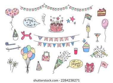 Birthday party elements set. Funny doodles. Vector colorful hand drawn kid bday design objects isolated. Cake, party hat, cracker, balloons, congrats. Illustrations collection.