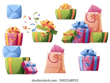 Birthday party elements. Set of gift boxes with bows on isolated background. A bunch of bright gifts for birthdays, Christmas, holidays. Great for stickers postcards banners.