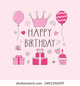 Birthday party elements set. Princess cute pink design. Вoodle сrown, balloons, gifts, hearts, rainbow, sun, stars, diamond.  Vector illustration.