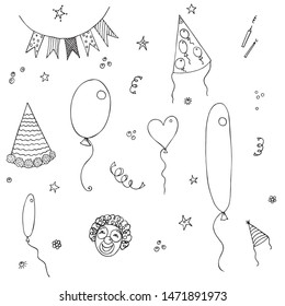 Birthday party elements vector set. Birthday elements. Hand Drawn Doodle birthday bunting flag, balloons, festive paper cap, festive attributes. Vector monohrome illustration on  white background