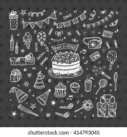 Birthday party elements vector set. Happy birthday. Birthday elements. Hand Drawn Doodle birthday cake, sweets, bunting flag, balloons, gift, festive paper cap, festive attributes 