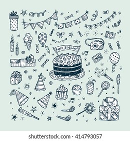 Birthday party elements vector set. Happy birthday. Birthday elements. Hand Drawn Doodle birthday cake, sweets, bunting flag, balloons, gift, festive paper cap, festive attributes 