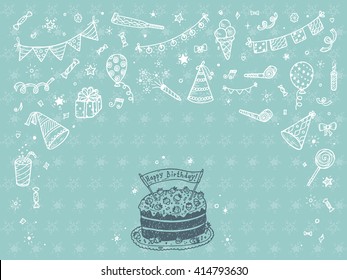 Birthday party elements vector set. Happy birthday card Template. Birthday elements. Hand Drawn Doodle birthday cake, sweets, bunting flag, balloons, gift, festive paper cap, festive attributes 