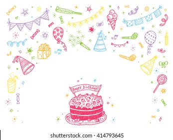 Birthday party elements vector set. Happy birthday card Template. Birthday elements. Hand Drawn Doodle birthday cake, sweets, bunting flag, balloons, gift, festive paper cap, festive attributes 