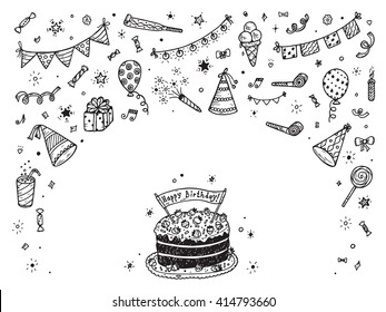 Conjunto vectorial de elementos de fiesta de cumpleaños. Plantilla de tarjeta de cumpleaños feliz.Elementos de cumpleaños. Torta de cumpleaños de Doodle dibujada a mano, dulces, bandera de amarre, globos, regalo, tapa de papel festivo, atributos festivos 