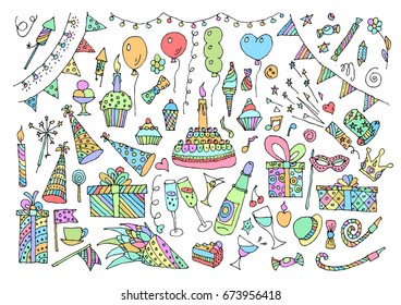 Birthday party elements vector set. Hand Drawn Doodle birthday cake, sweets, bunting flag, balloons, gift, festive paper cap, festive attributes.