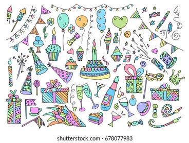 Birthday party elements vector set. Hand Drawn Doodle birthday cake, sweets, bunting flag, balloons, gift, festive paper cap, festive attributes.