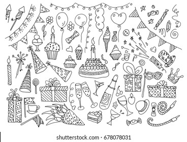 Birthday party elements vector set. Hand Drawn Doodle birthday cake, sweets, bunting flag, balloons, gift, festive paper cap, festive attributes.
Page of the anti-stress coloring book.