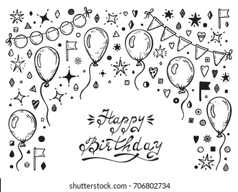 Birthday party elements vector set. Happy birthday Greeting card Template. Hand Drawn Doodle Balloons, Buntings Flags, Confetti pieces, Stars. Festive Invitation Card