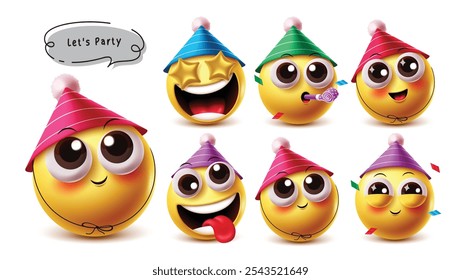 Birthday party emoji vector character set. 3d emojis happy birthday emoticon character wearing colorful hat in star eye, blowing, happy, naughty and cute facial expression collection elements. Vector 