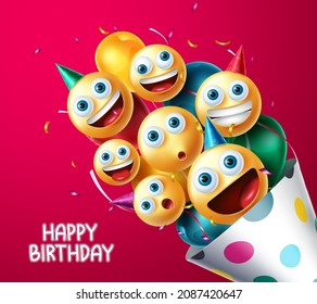 Birthday party emojis vector design. Emoji emoticon character in hat with balloons and confetti surprise elements for birthday celebration greeting card. Vector illustration.
