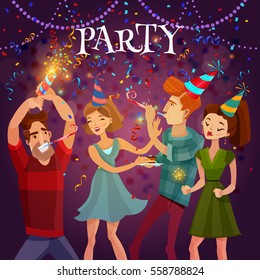 Birthday party evening celebration in disco cafe with bengal lights and confetti festive bright colorful background vector illustration 