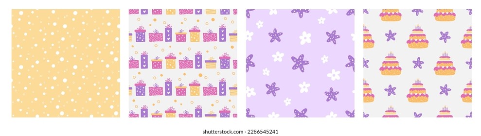 Birthday party festive backgrounds set. Seamless patterns