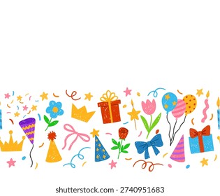 Birthday party festive vector crayon sketch seamless border design. Gift box, crown, flowers, bow, balloons, candle and cone hat. Colorful firecrackers confetti kids hand drawing