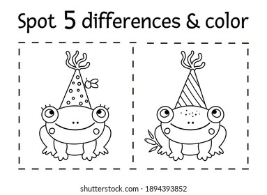 Birthday party find differences and color game for children. Anniversary black and white educational activity with funny frog in party hat and fly. Printable worksheet with smiling character. 
