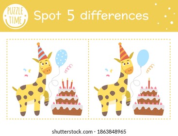 Birthday party find differences game for children. Holiday educational activity with funny giraffe with cake and balloon. Printable worksheet with smiling characters. Cute celebration puzzle for kids
