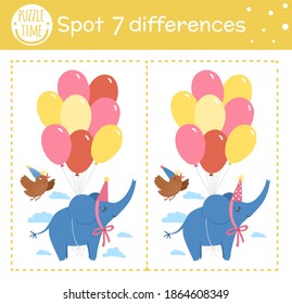 Birthday party find differences game for children. Holiday educational activity with funny elephant flying on bunch of balloons. Printable worksheet with smiling character. Cute celebration puzzle