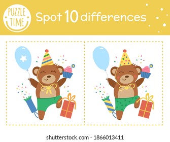 Birthday party find differences game for children. Holiday educational activity with funny jumping bear with balloon. Printable worksheet with smiling characters. Cute celebration puzzle for kids
