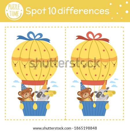 Birthday party find differences game for children. Holiday educational activity with funny animals flying in hot air balloon. Printable worksheet with smiling characters. Cute celebration puzzle