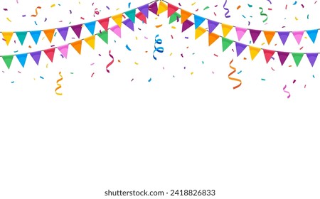 Birthday party flag garland and confetti. Vector festive background creating a lively atmosphere filled with joy and celebration. Vibrant Backdrop with colorful decorations, template for greeting card