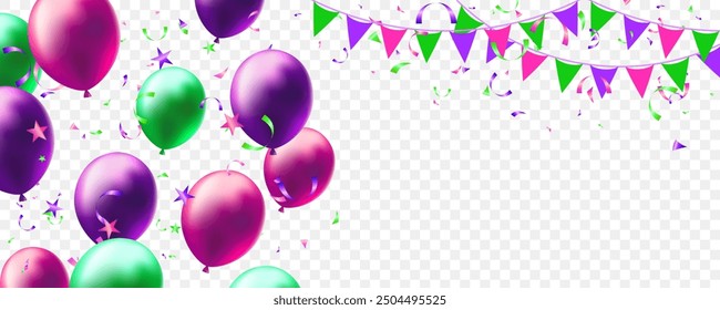 Birthday party flag garland and confetti. Vector festive a lively atmosphere filled with joy and celebration, template for greeting card, surprise
