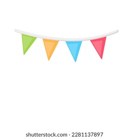 Birthday party flags vector illustration. Cartoon triangle bright decoration hanging on string, green blue yellow and red paper flags in festive garland for happy holidays, triangular fair decor - Shutterstock ID 2281137897