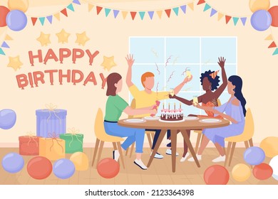 Birthday party flat color vector illustration. Young people meeting to greet friend. Home party 2D simple cartoon characters celebrating with decorated room on background.