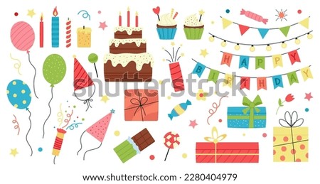 Birthday party flat elements. Anniversary balloon, muffins with candles. Colorful confetti ribbons, gift boxes. Decent celebration graphic vector pack