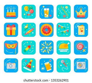 Birthday party flat icons set. Celebration symbols: sweets, fireworks, camera, gift, card, concept. Greeting. Organization of holidays. Signs for web page, mobile app, banner, social media.