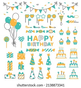 Birthday party flat line icons set. Color anniversary elements on white background for carnival event celebration invitation banner, card design. Gift box balloon birthday cake hat vector illustration