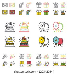 Birthday party flat simple line icons set.