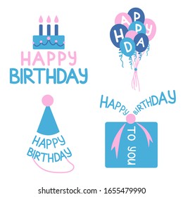 Birthday Party Flat Style Drawing: Birthday Hat, Gift, Cake And Balloons. Vector Illustration. Set Of Isolates