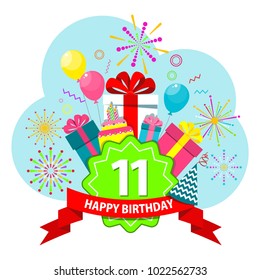 Birthday party flat vector cartoon greeting card. Fireworks, confetti and hanging sparkling serpentine. Balloons, cake, gifts and surprises. Objects isolated on white background.