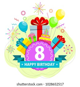 Birthday party flat vector cartoon greeting card. Fireworks, confetti and hanging sparkling serpentine. Balloons, cake, gifts and surprises. Objects isolated on white background.