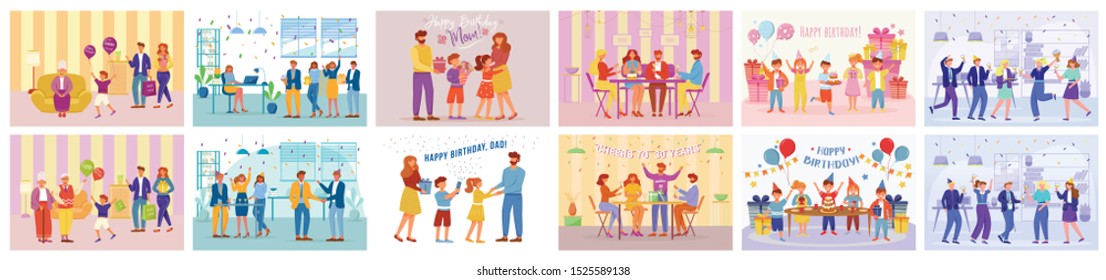 Birthday Party Flat Vector Illustrations Set. Happy Anniversary Celebration Party. Guests And Hosts Of Feast. People Have Joint Holiday Dinner With Colleagues, Family Cartoon Characters