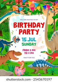 Folheto de festa de aniversário com desenhos animados dinossauros pré-históricos engraçados, vetor crianças evento poster. Folheto de convite da festa de dino para a festa de aniversário de entretenimento com dinossauros T-rex jurássicos e personagens de lagarto