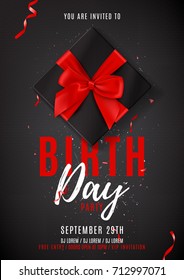 Birthday party flyer template. Top view on black gift box with red satin bow on dark backdrop. Vector illustration with confetti and serpentine. Invitation to nightclub.

