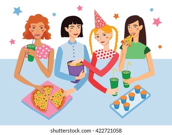 Birthday Party With Four Cute Girls Friends Vector Illustration. Girldfriends Chatting, Snacking During Celebration Event.