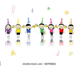 Birthday party, friends with beer mugs for your design