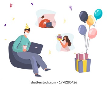 Birthday Party with Friends in Video Conference in Quarantine.Characters Celebrate Online Birthday Party in Mask during Covid 19.Self Isolation.Virtual Meeting With Friends.Flat Vector Illustration