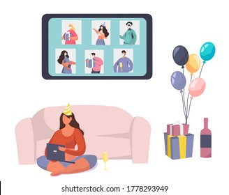 Birthday Party With Friends In Video Conference In Quarantine.Characters Celebrate Online Birthday Party In Mask During Covid 19.Self Isolation.Virtual Meeting With Friends.Flat Vector Illustration