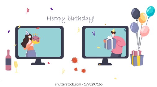 Birthday Party With Friends In Video Conference In Quarantine.Characters Celebrate Online Birthday Party In Mask During Covid 19.Self Isolation.Virtual Meeting With Friends.Flat Vector Illustration