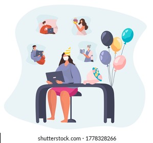 Birthday Party With Friends In Video Conference In Quarantine.Characters Celebrate Online Birthday Party In Mask During Covid 19.Self Isolation.Virtual Meeting With Friends.Flat Vector Illustration